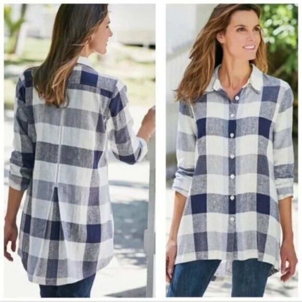 Soft Surroundings Women's Carreaux‎ Shirt Multicolor Small Plaid Ruched Sleeves